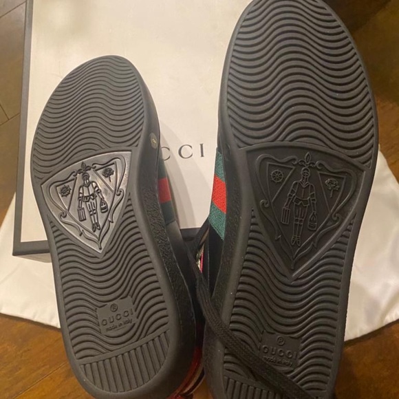 Gucci Mens Black Ace sneakers in soft leather w Web bands nylon NIB New in Box - Picture 5 of 11